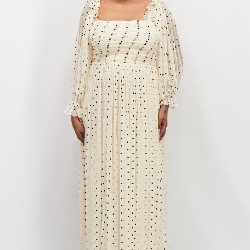 Chic Long Sleeve Cream Polka Dot Dress